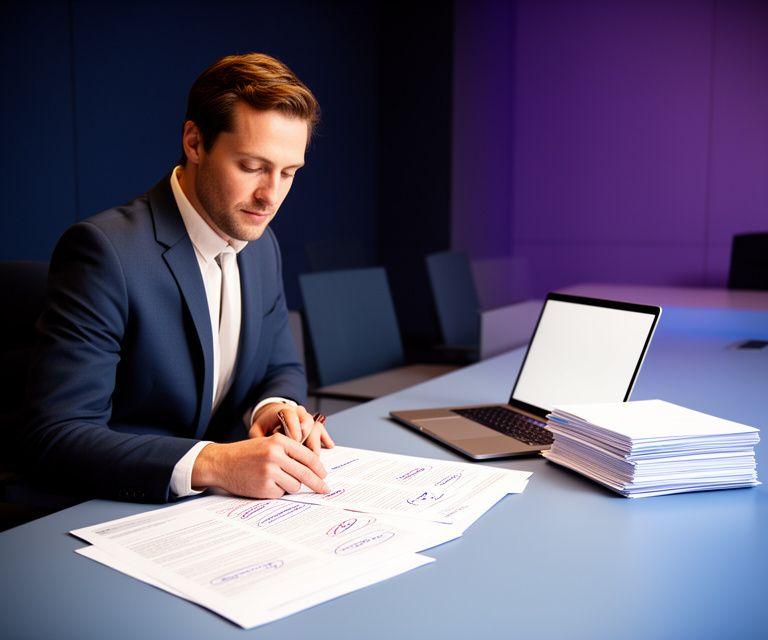 Legal consultant reviewing contract clauses in a modern meeting room with annotated papers and a laptop