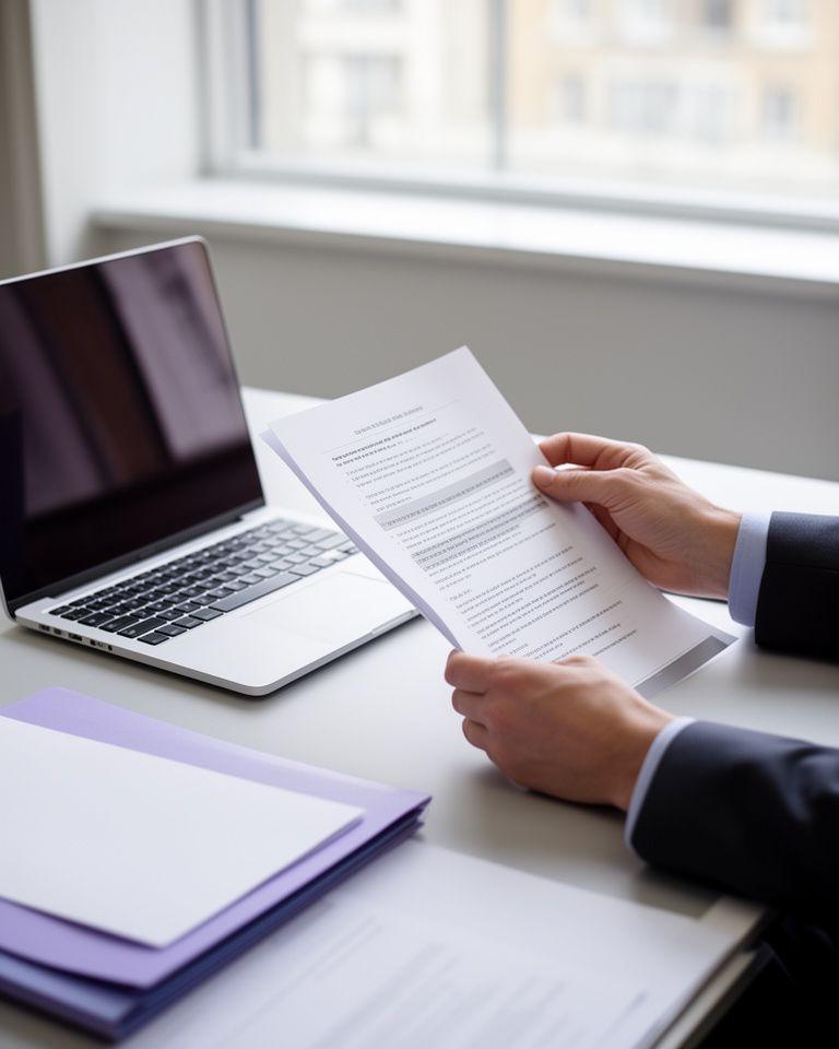 Legal professional reviewing a printed contract beside a laptop in a calm London office